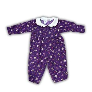 VINTAGE The Mayfair Co. Purple Floral Corduroy Coverall Peter Pan Collar 6-9M